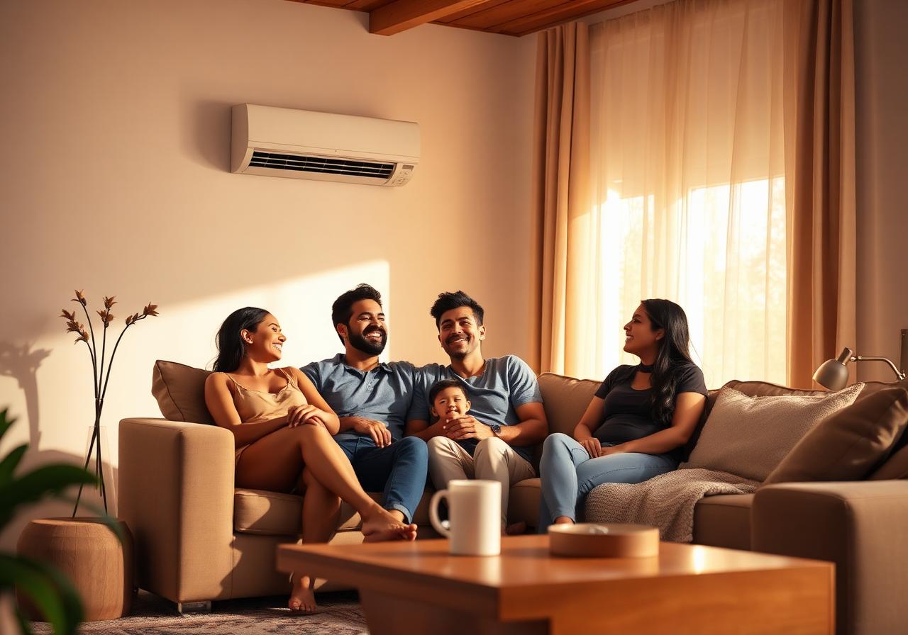 Família feliz com ar condicionado